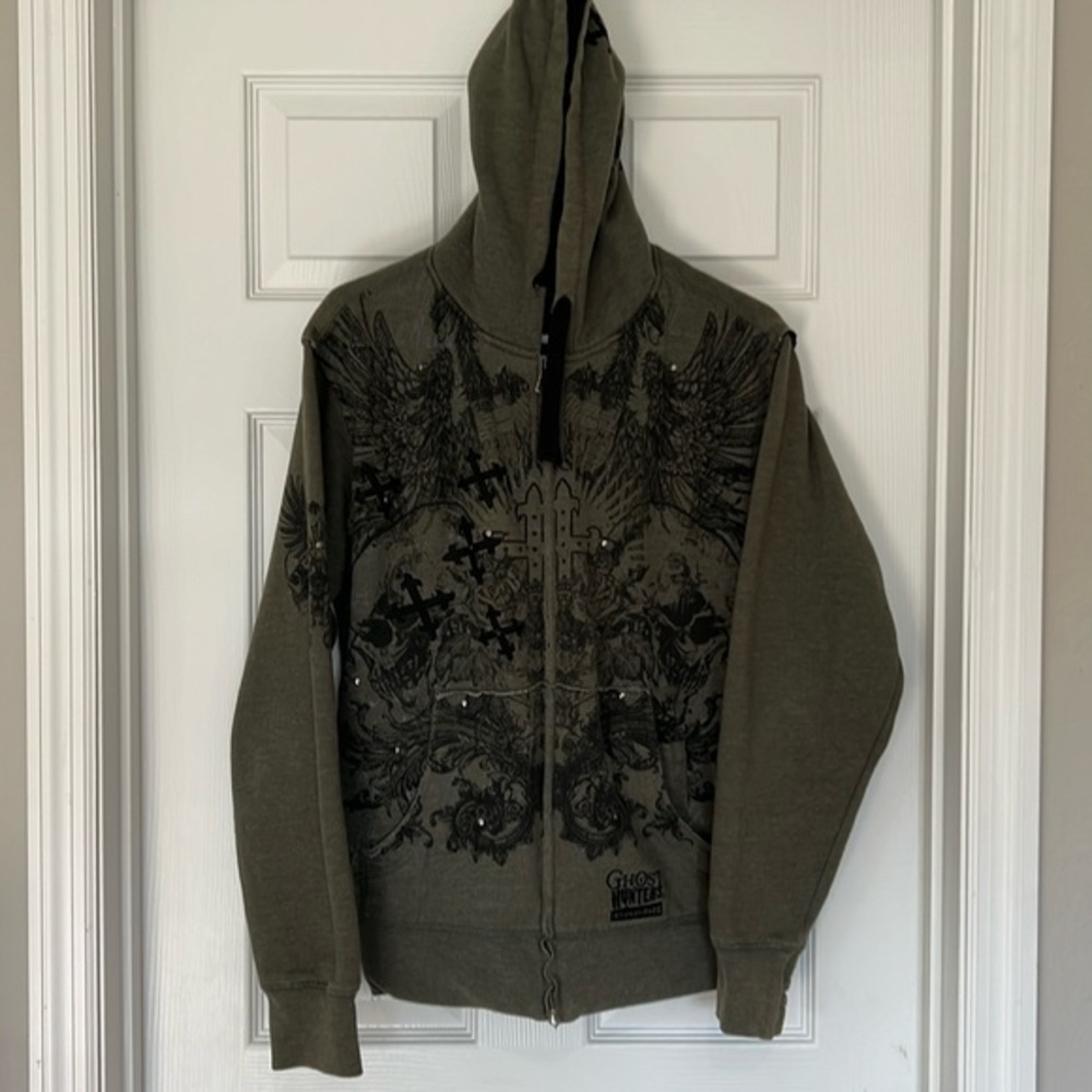Y2K vintage Top Heavy olive& black mens zip front hoodie